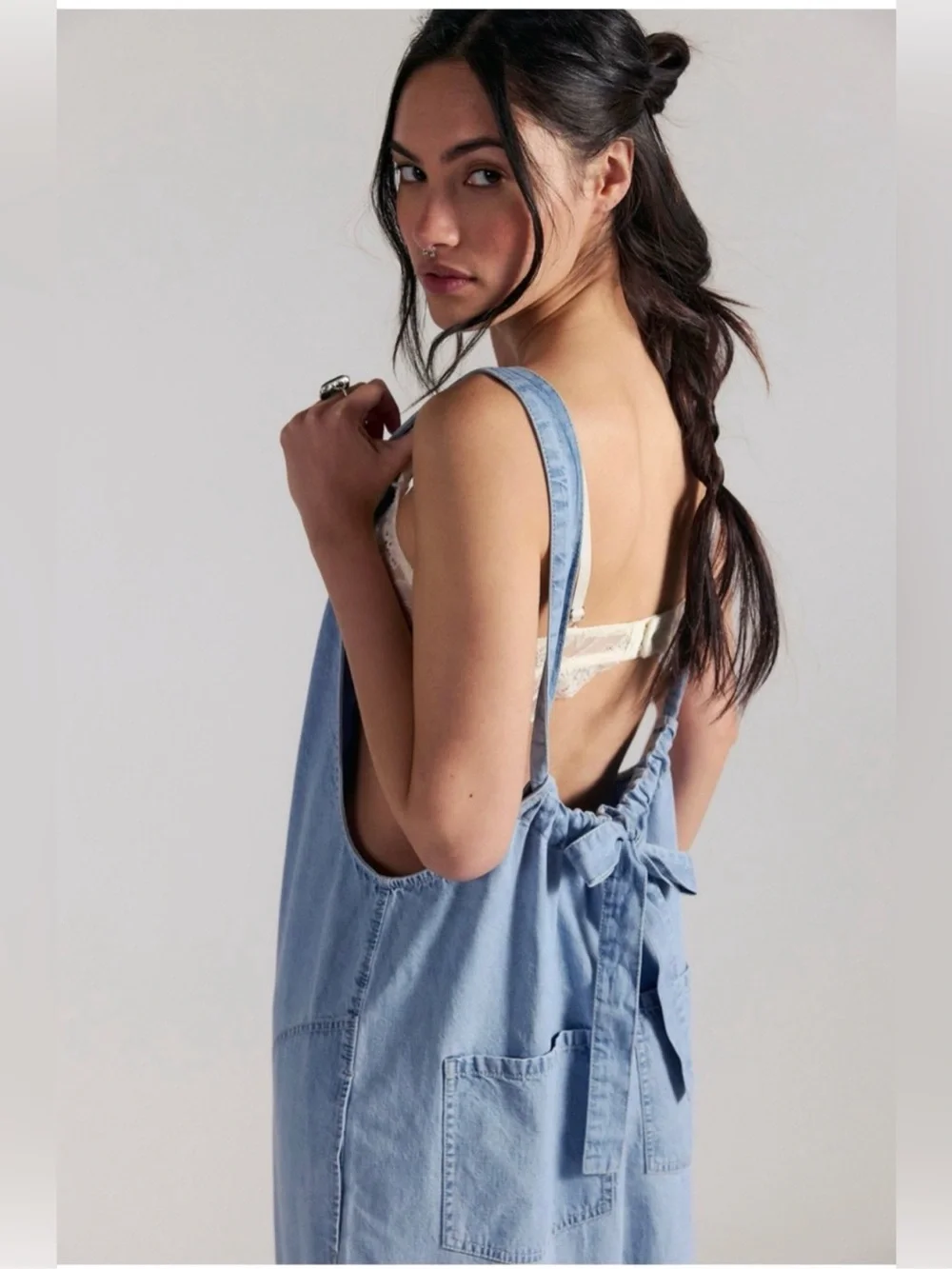 Free People Light Blue Wide-Leg Denim Jumpsuit